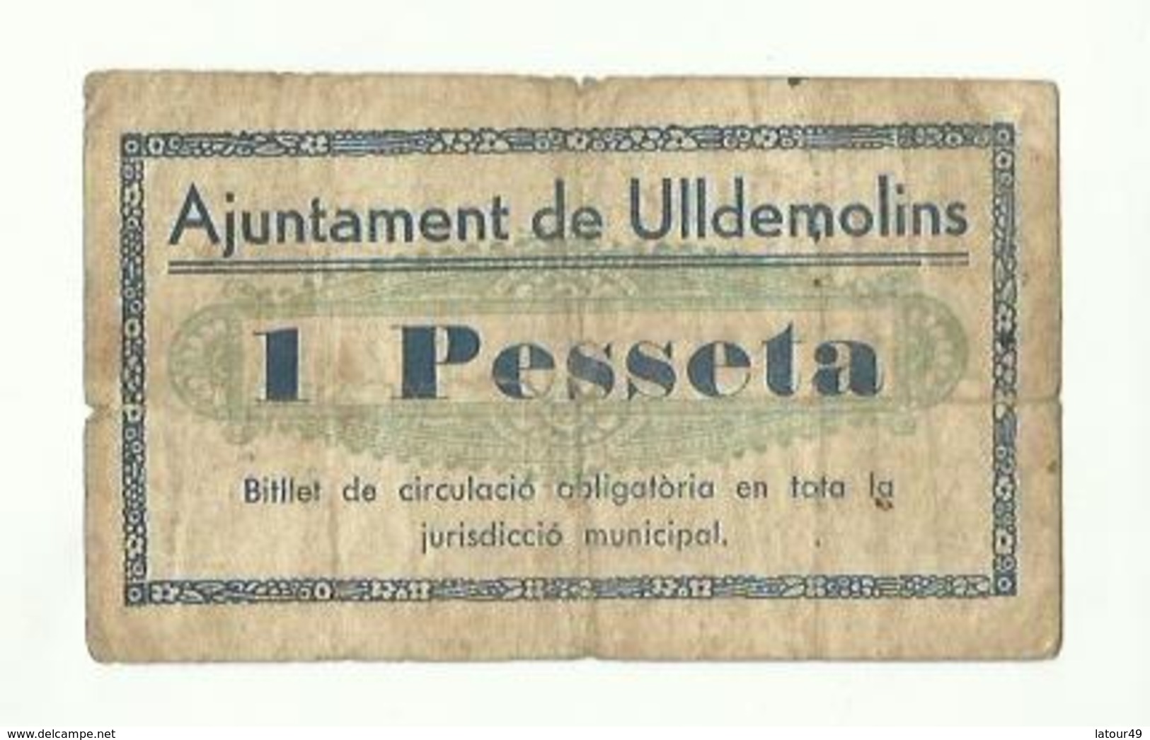 AJUNTAMENT DE ULLDEMOLINS UNA PESSETA ULLDEMOLINS ET CONSELL MUNICIPALno 44  1932 - 1-2 Pesetas