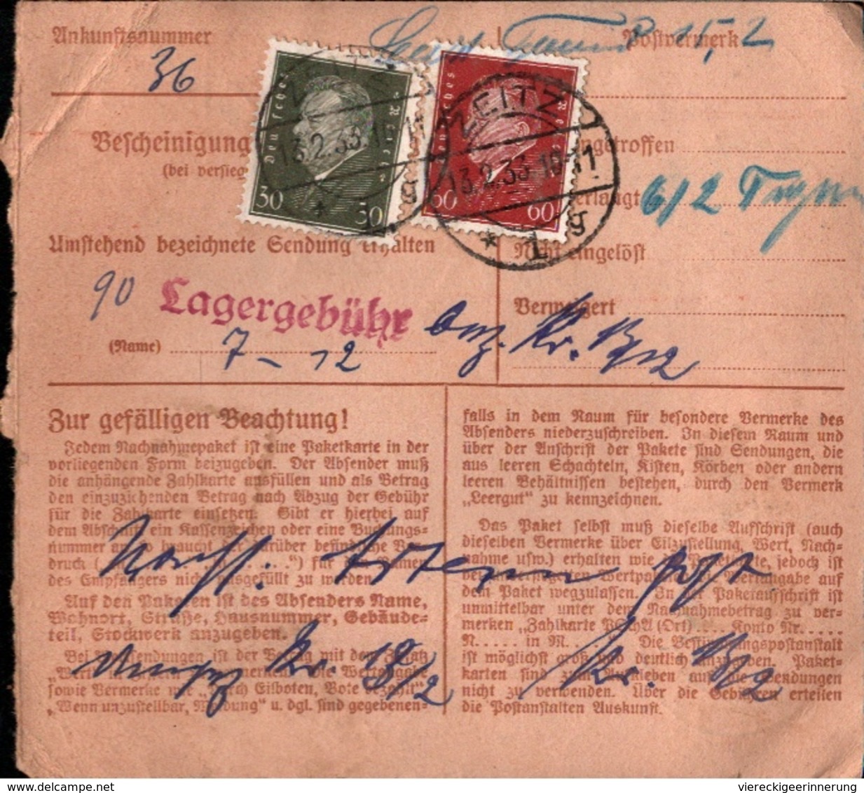 ! 1933 Nachnahme Paketkarte, Deutsches Reich, Erfurt Nach Artern Bzw. Zeitz - Briefe U. Dokumente