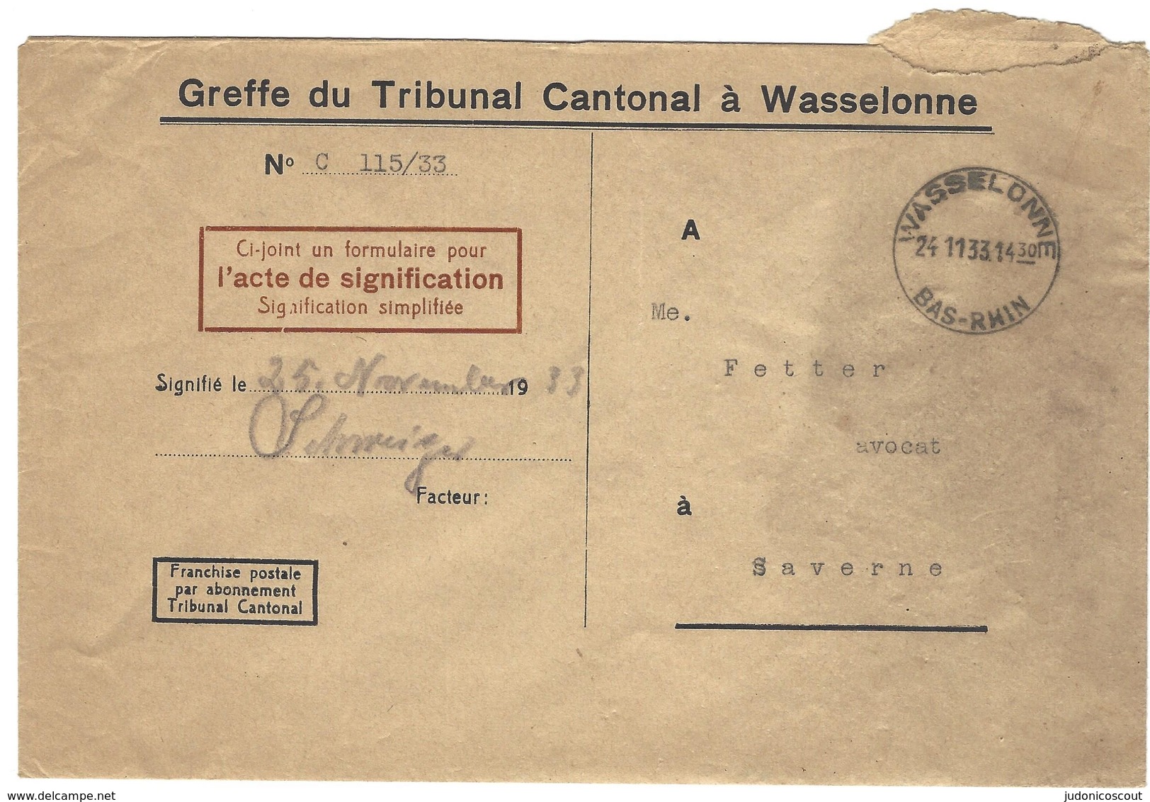 Autoplan / Horoplan WASSELONNE / BAS-RHIN Sur Lettre En Franchise - Type 240 - 24.11.1933 - 1921-1960: Modern Period