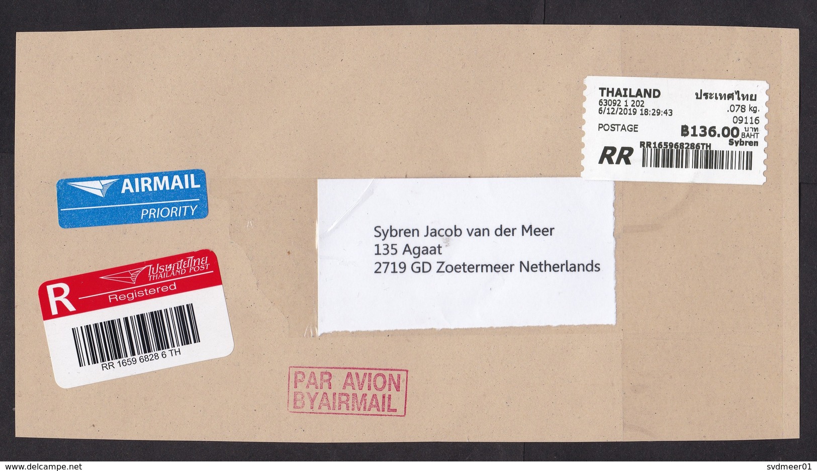 Thailand: Fragment (cut-out) Of Registered Parcel To Netherlands, 2019, ATM Machine Label, 136.00 Rate (traces Of Use) - Thailand