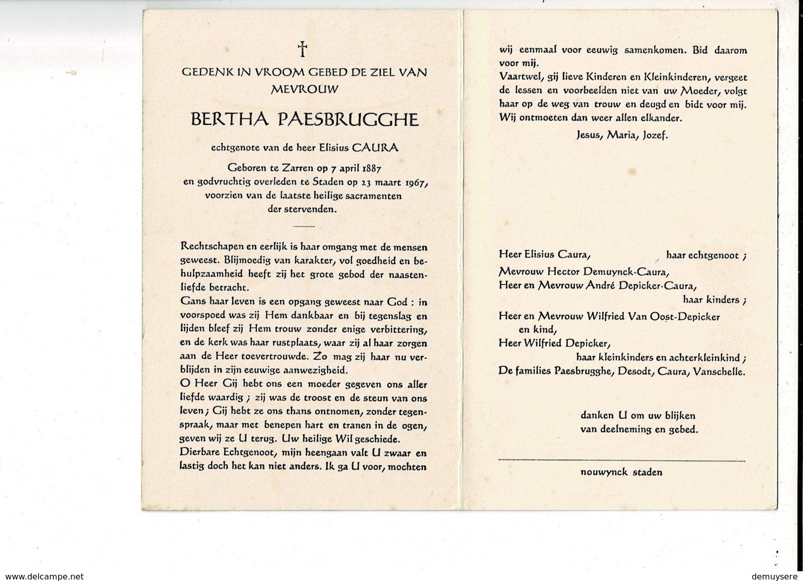 Dp 9313 - BERTHA PAESBRUGGHE - CAURA - ZARREN 1887 + STADEN 1967 - Images Religieuses