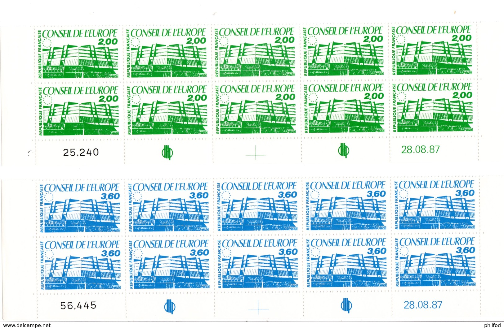 1987 - Conseil De L'Europe - N° 96 / 97 -  2 Blocs De 10 Timbres Datés - 28-08-87 - 1980-1989