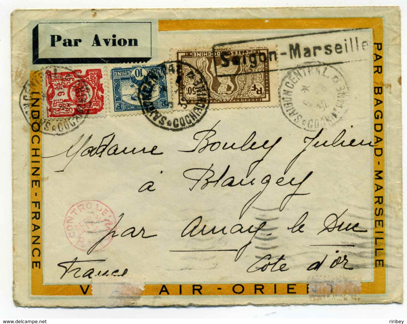 AIR ORIENT / Ligne Saigon Marseille / 1932 / Bureau De Saigon Central Cochinchine - Brieven En Documenten