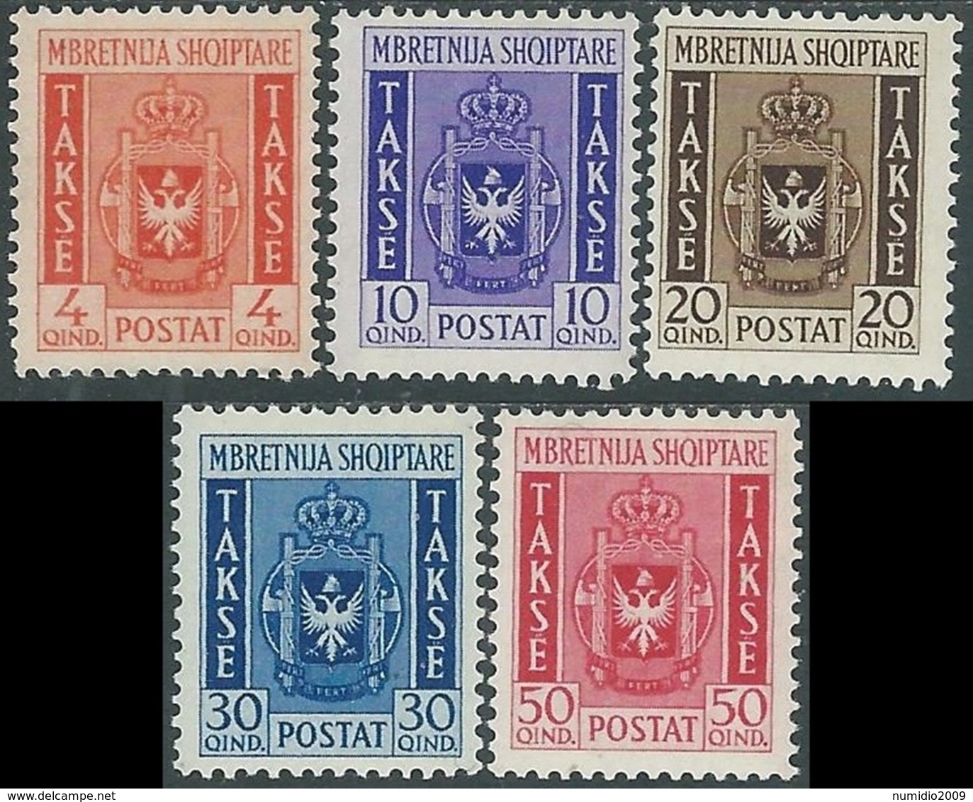 1940 ALBANIA SEGNATASSE STEMMA 5 VALORI MH * - E168 - Albanie