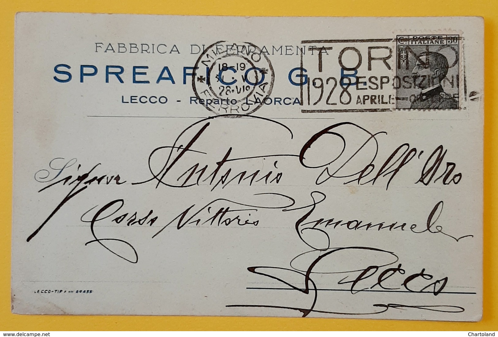 Cartolina Fabbrica Di Ferramenta - Spreafico G. B. - 1928 - Pubblicitari