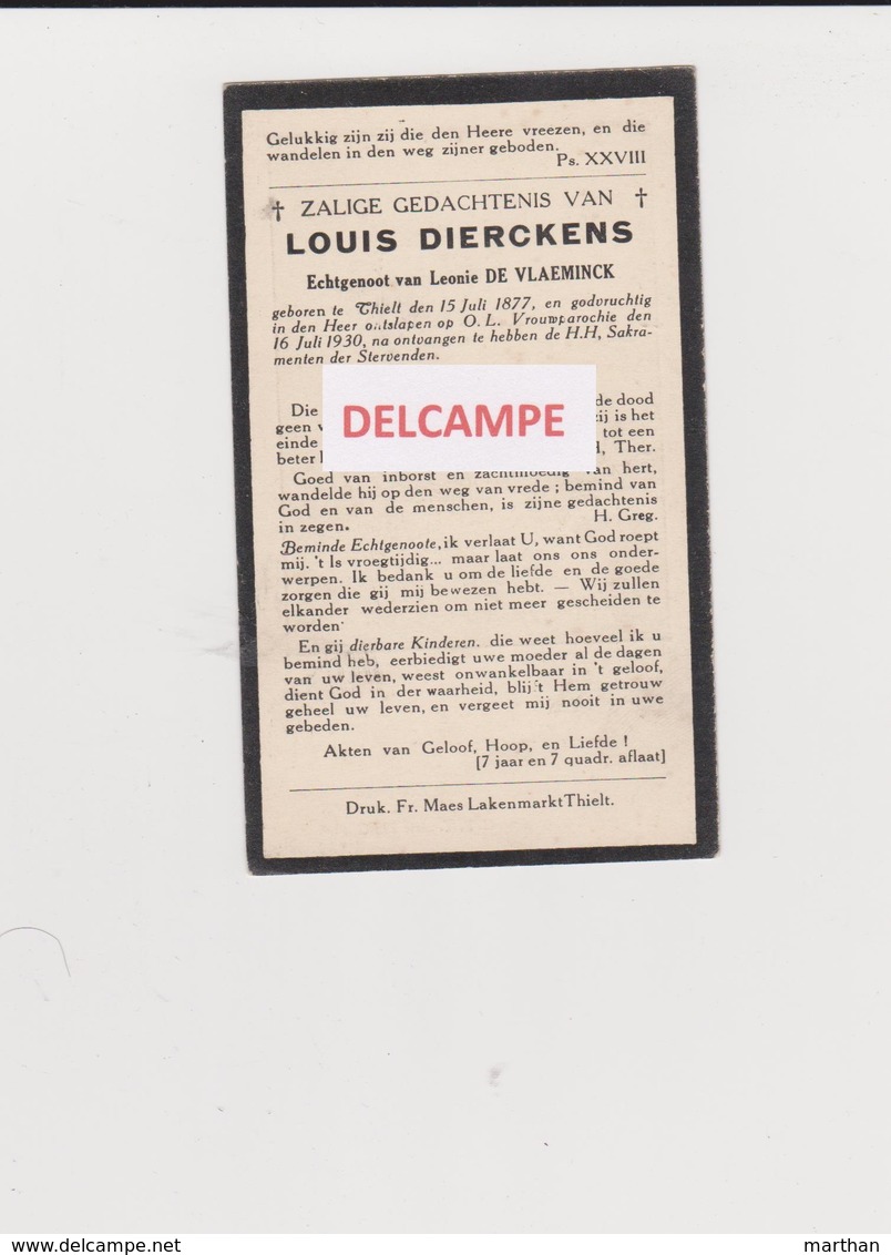 DOODSPRENTJE DIERCKENS LOUIS ECHTGENOOT DE VLAEMINCK TIELT 1877 - 1930  Bewerkt Tegen Kopieren - Andachtsbilder
