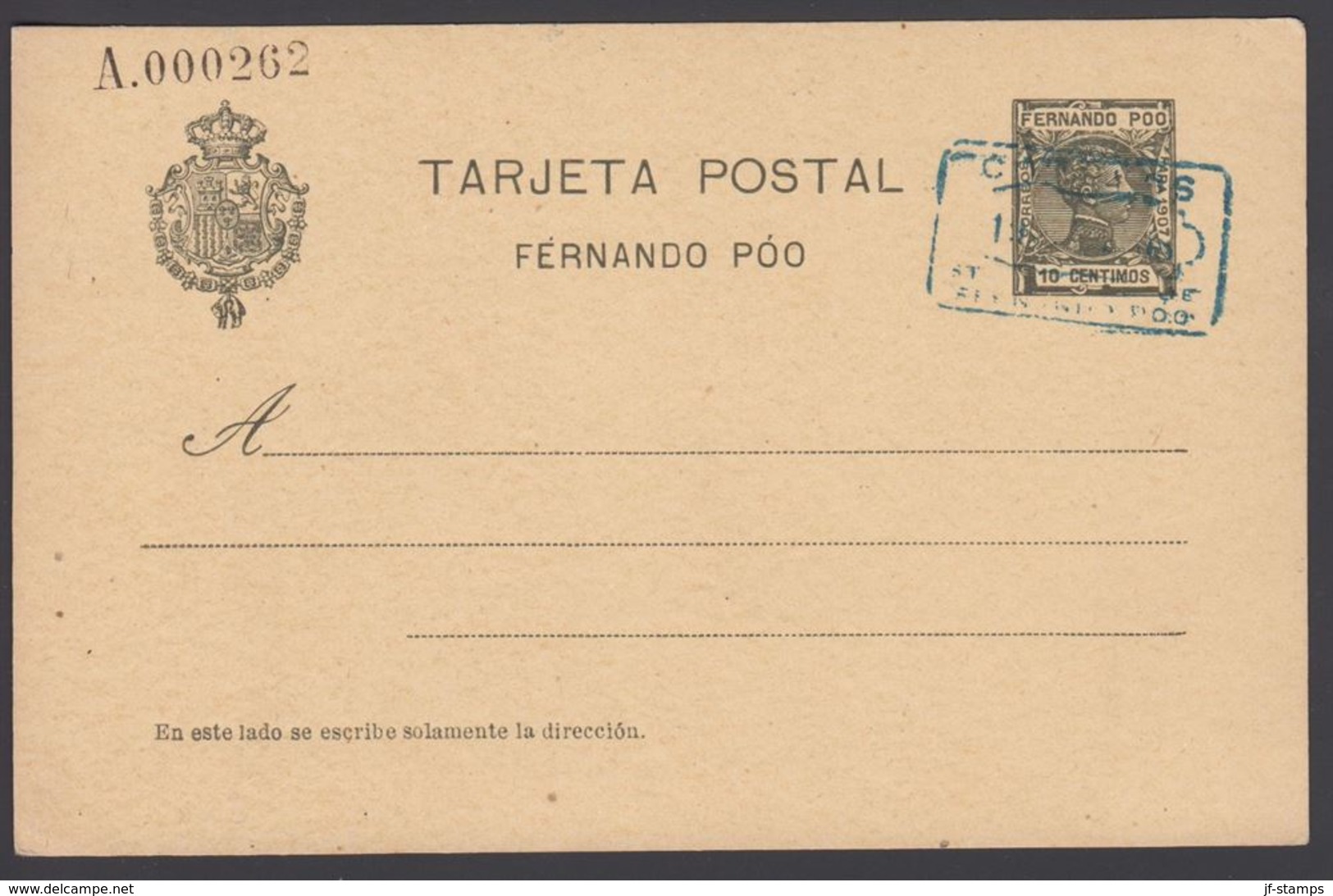 19O7. FERNANDO-POO. Alfons XIII TARJETA POSTAL FERNANDO POO PARA 1907 10 CENTIMOS A.0... () - JF317937 - Fernando Po