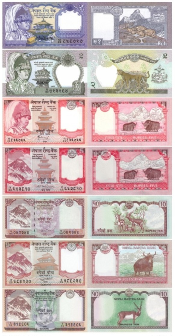 NEPAL Set 7v 1 2 5 5 10 5 10 Rupees 1995 - 2017  P 29 37 53 60 61 76 77 UNC - Nepal