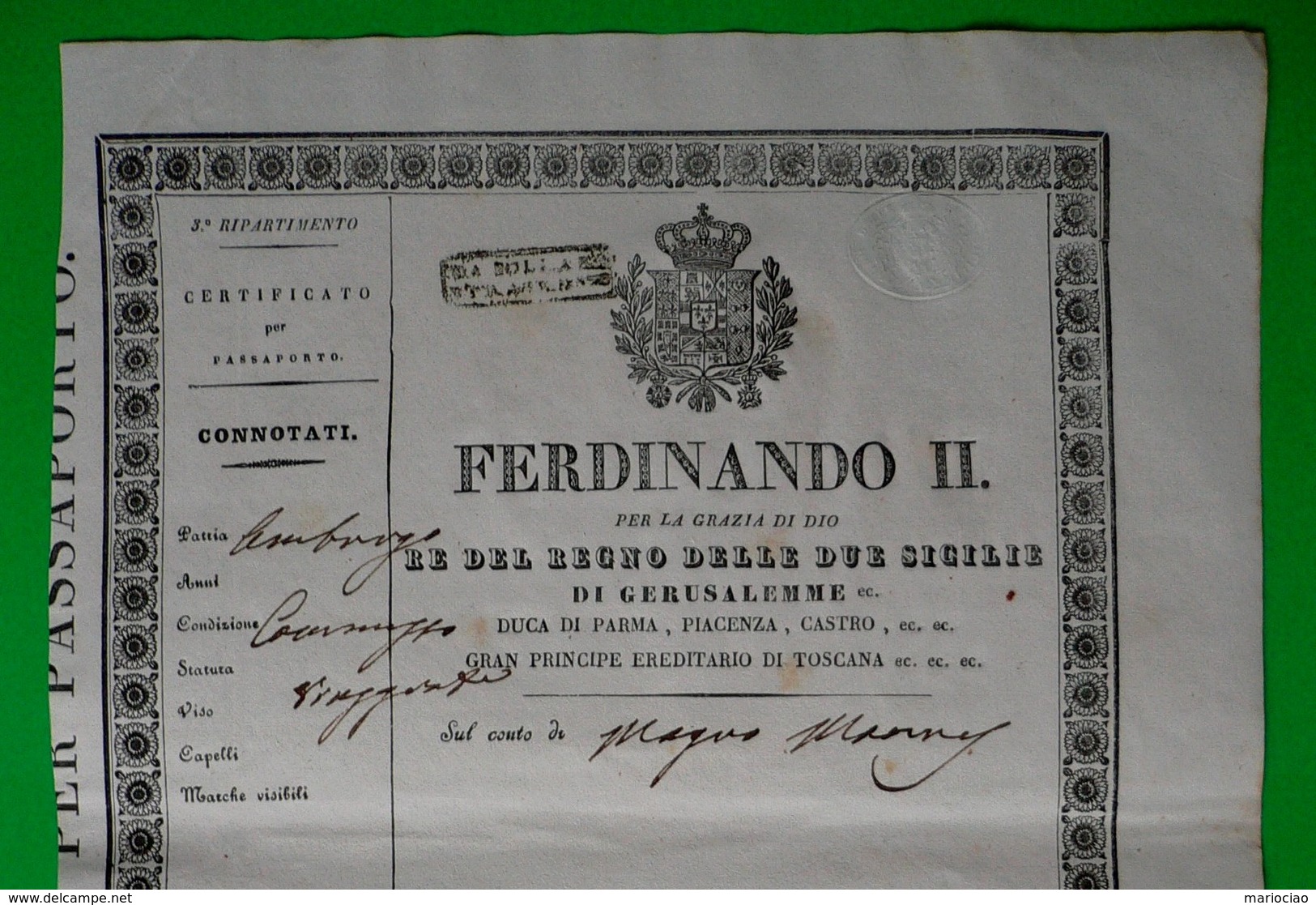 D-IT Regno Due Sicilie 1858 Napoli - Certificato Per Passaporto - Documenti Storici