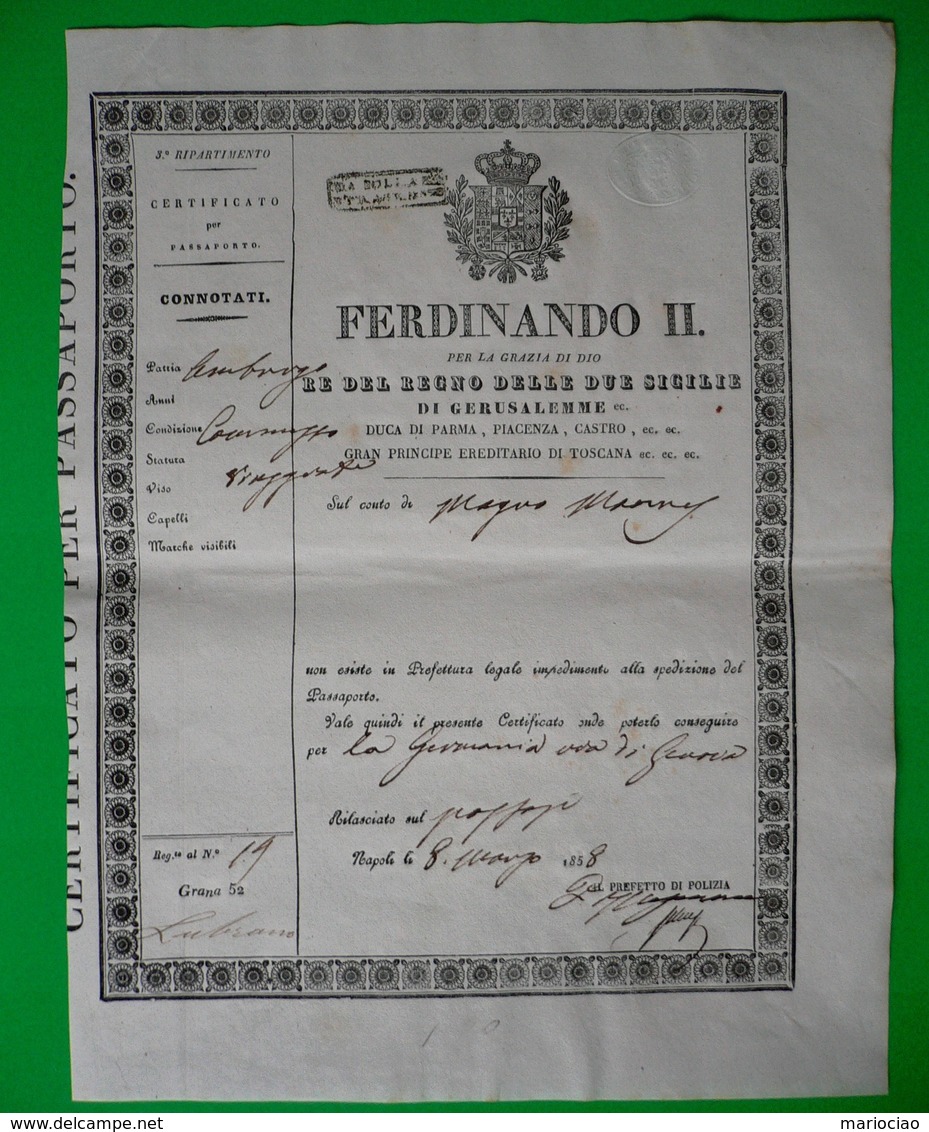 D-IT Regno Due Sicilie 1858 Napoli - Certificato Per Passaporto - Documenti Storici