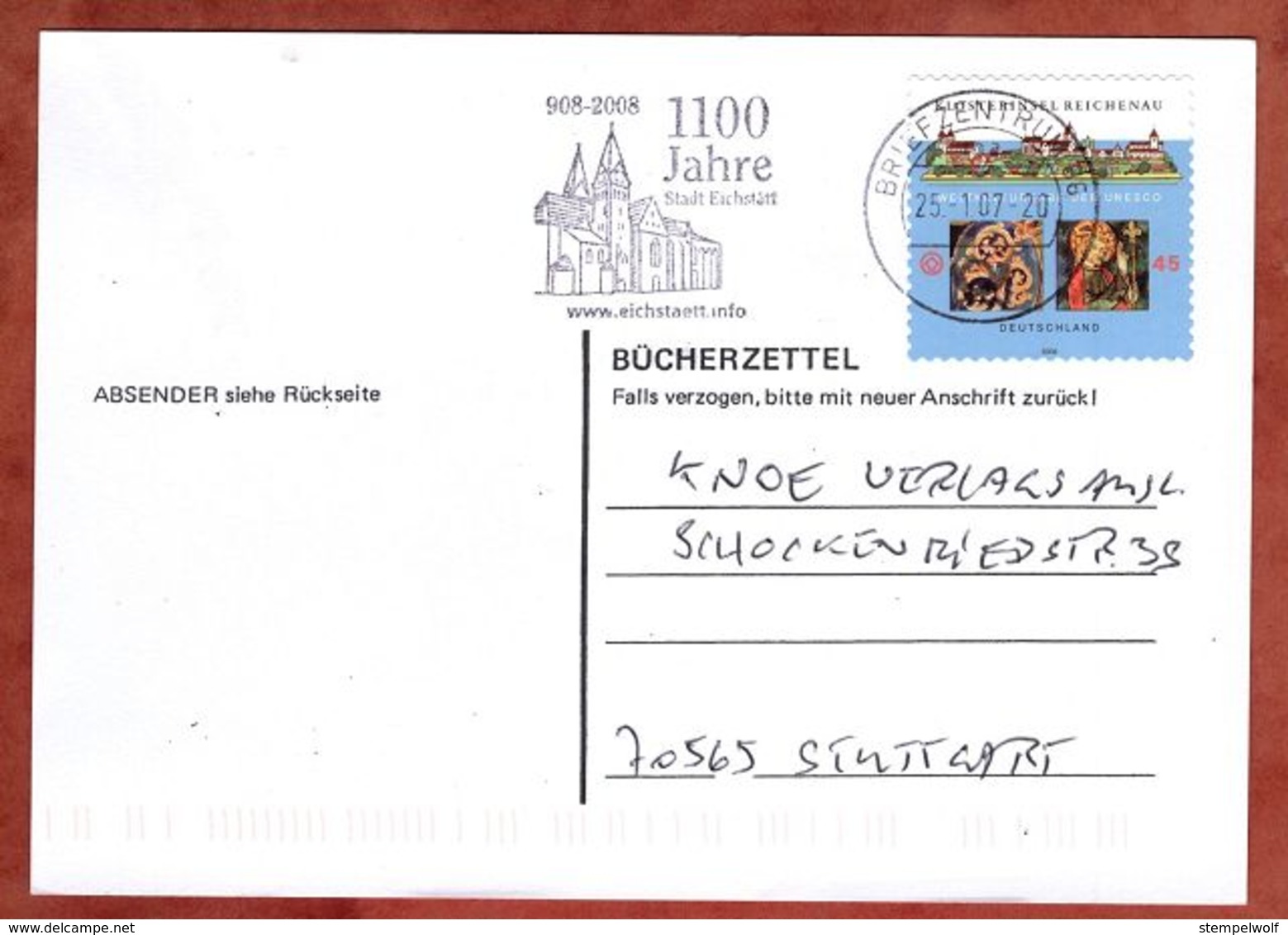 Karte, Buecherzettel, Reichenau Sk, MS Stadt Eichstaett Briefzentrum 86, Schwifting Nach Stuttgart 2007 (88685) - Briefe U. Dokumente