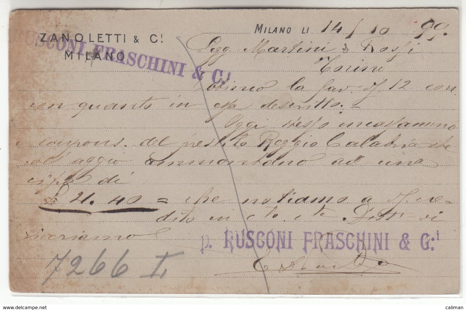 VINO ZANOLETTI&C MILANO ORA RUSCONI FRASCHINI CAPSULE PER BOTTIGLIE - BIGLIETTO COMMERCIALE 1899 - Visiting Cards