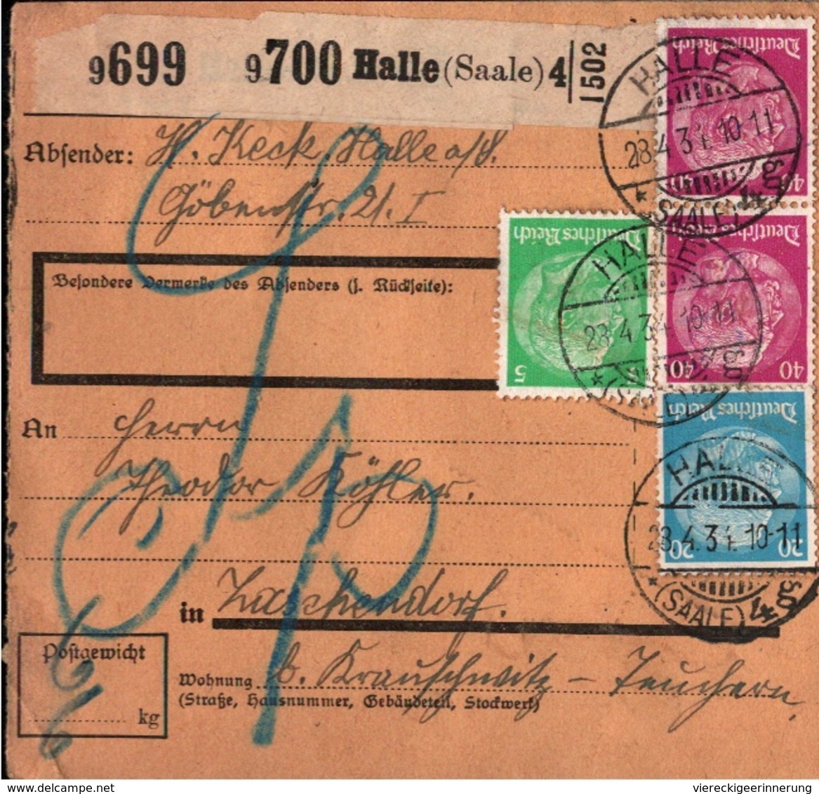 ! 1934 Paketkarte, Deutsches Reich, Halle / Saale, Landpoststempel Weißenfels - Briefe U. Dokumente