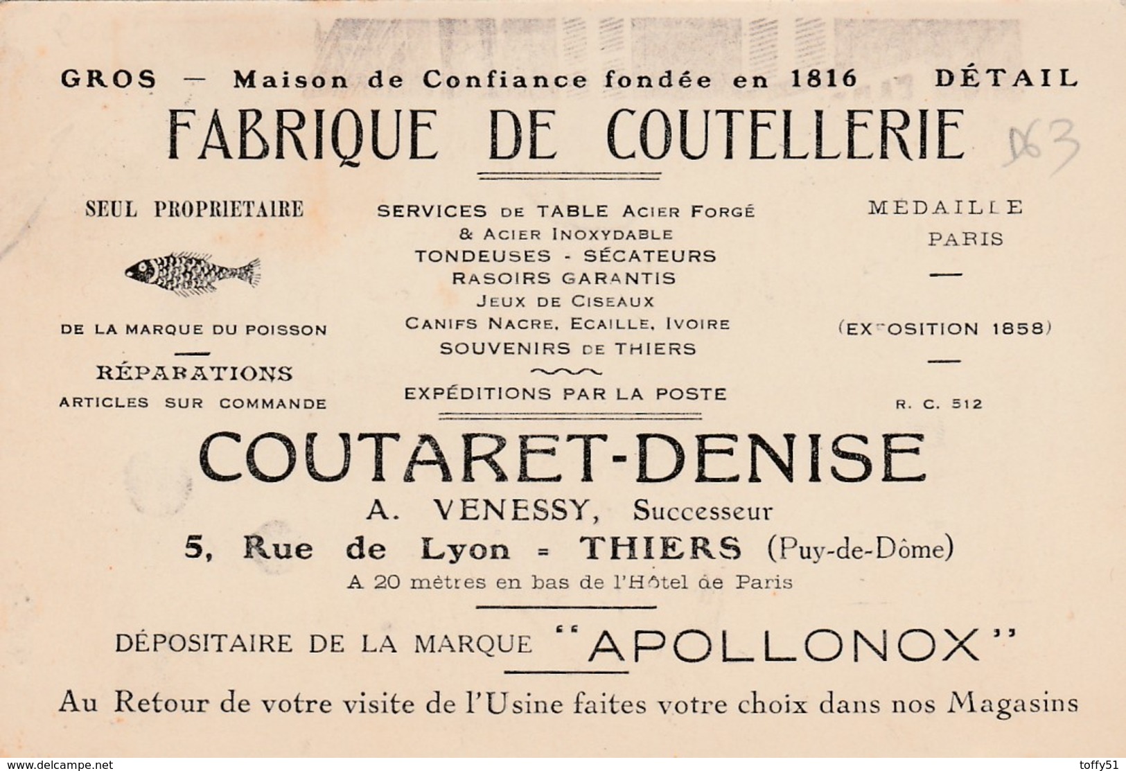 CPA:FABRIQUE DE COUTELLERIE COUTEAU APOLLONOX COUTARET DENISE THIERS (63) PUBLICITÉ VERSO - Thiers