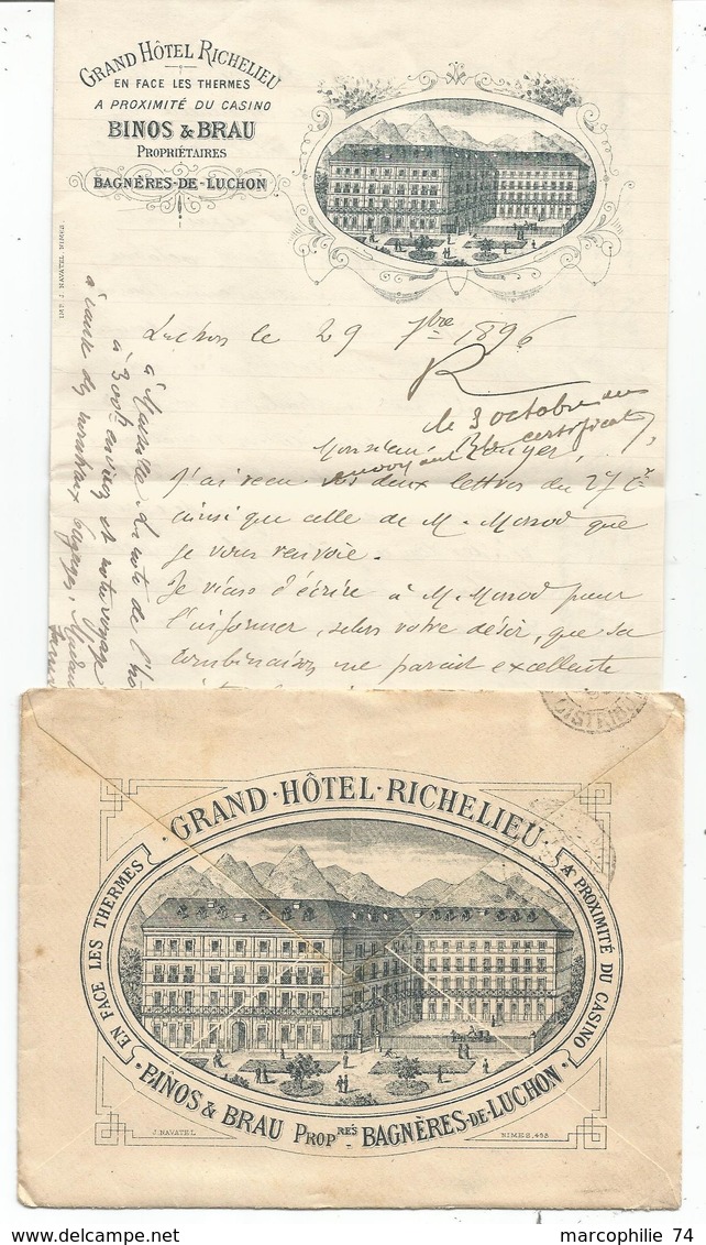 SAGE 15C LETTRE ILLUSTRATION AU DOS + FACTURE GRAND HOTEL THERMES CASINO BAGNERES DE BIGORRE 1896 - 1877-1920: Semi Modern Period