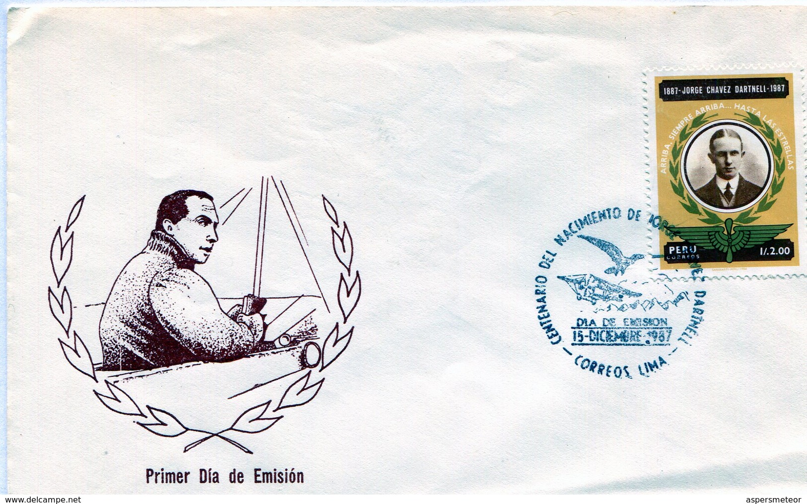 PERU. SOBRE FDC. 1987. CENTENARIO DEL NACIMIENTO DE JORGE CHAVEZ DARTNELL. AVIADOR. AVIATOR . LIMA. - NTVG - Perù