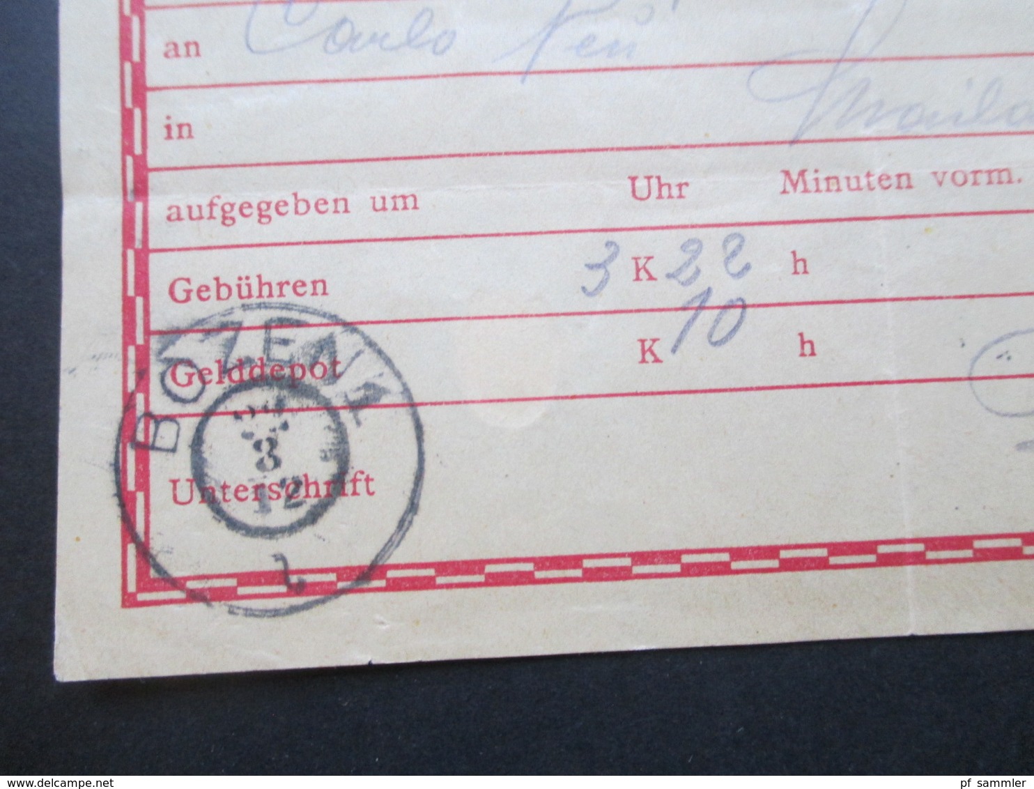 Österreich 1908 Verwendet 1912 Telegrammaufgabeschein TA 55 Mit Stempel Bozen 1 - Autres & Non Classés