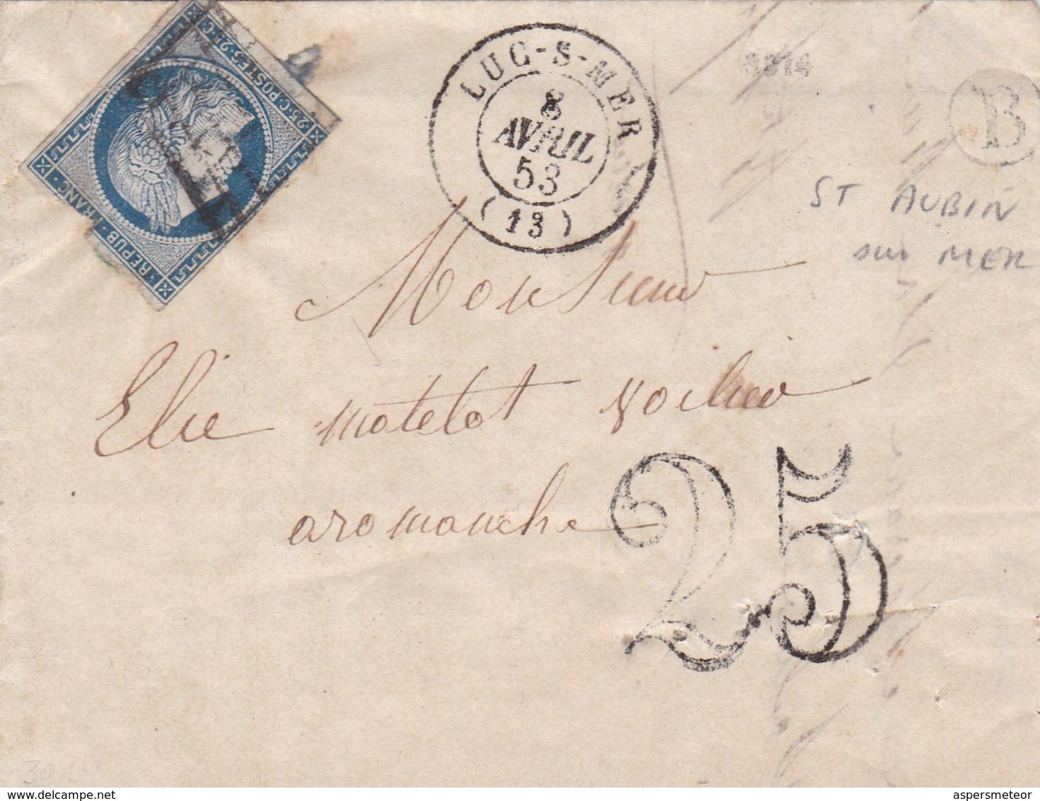 FRANCE - ENVELOPE CIRCULATED TO AROMANCHE IN 1853. OBLITED FROM LUG-S-MER AND RYES -LILHU - 1853-1860 Napoléon III