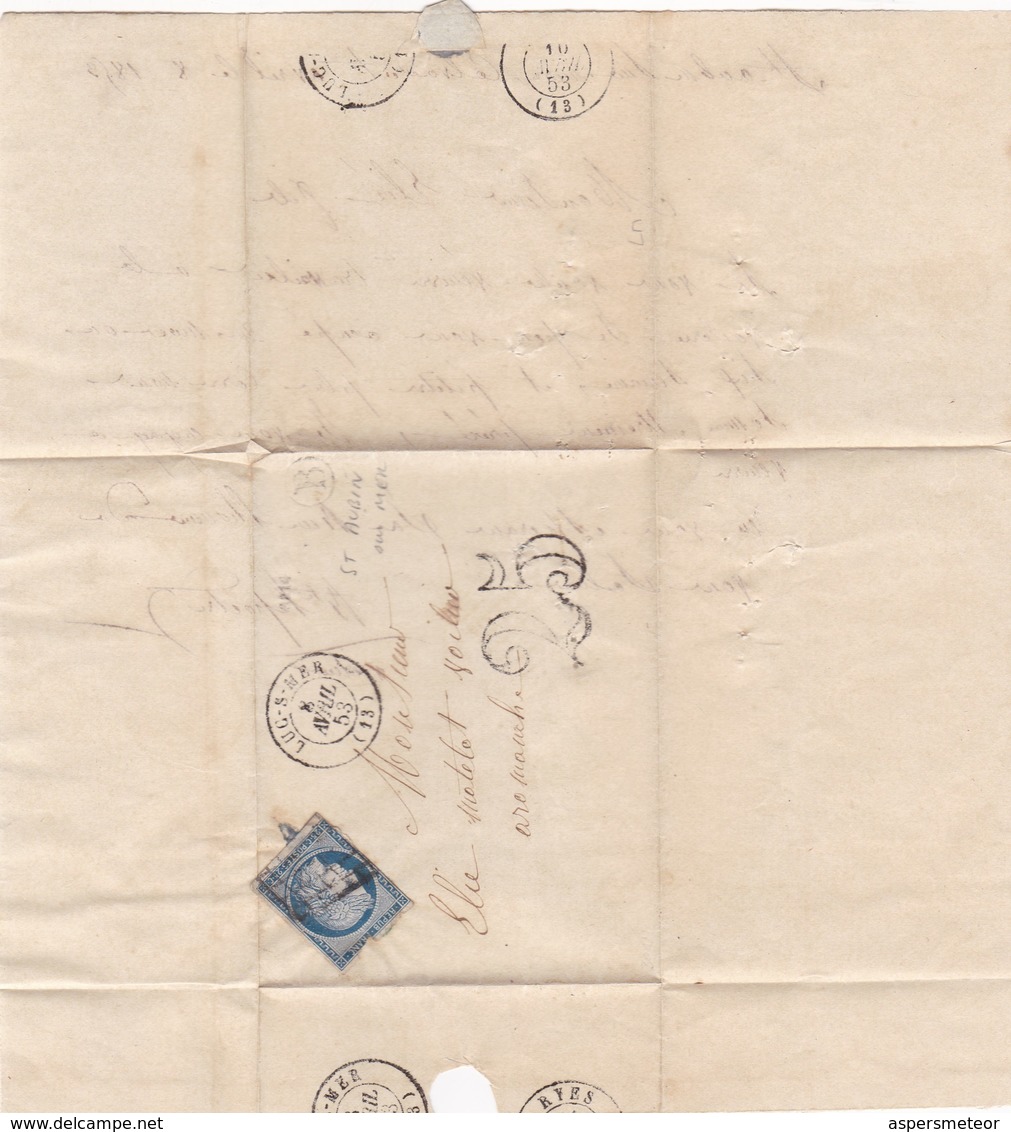 FRANCE - ENVELOPE CIRCULATED TO AROMANCHE IN 1853. OBLITED FROM LUG-S-MER AND RYES -LILHU - 1853-1860 Napoléon III