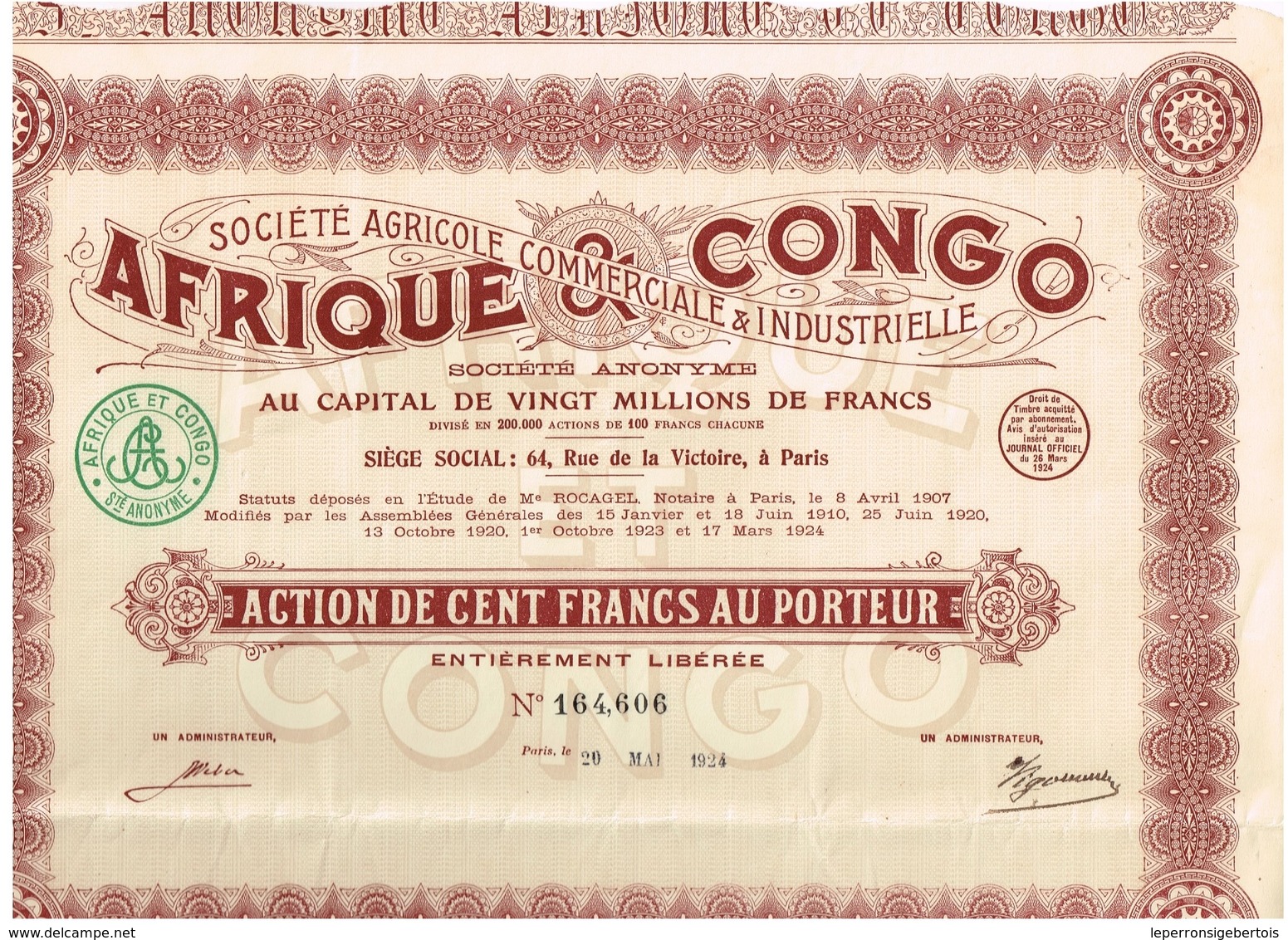 Titre Ancien - Afrique & Congo Société Agricole Commercial & Industrielle - Société Anonyme - Titre De 1924 - G Richard - Afrique