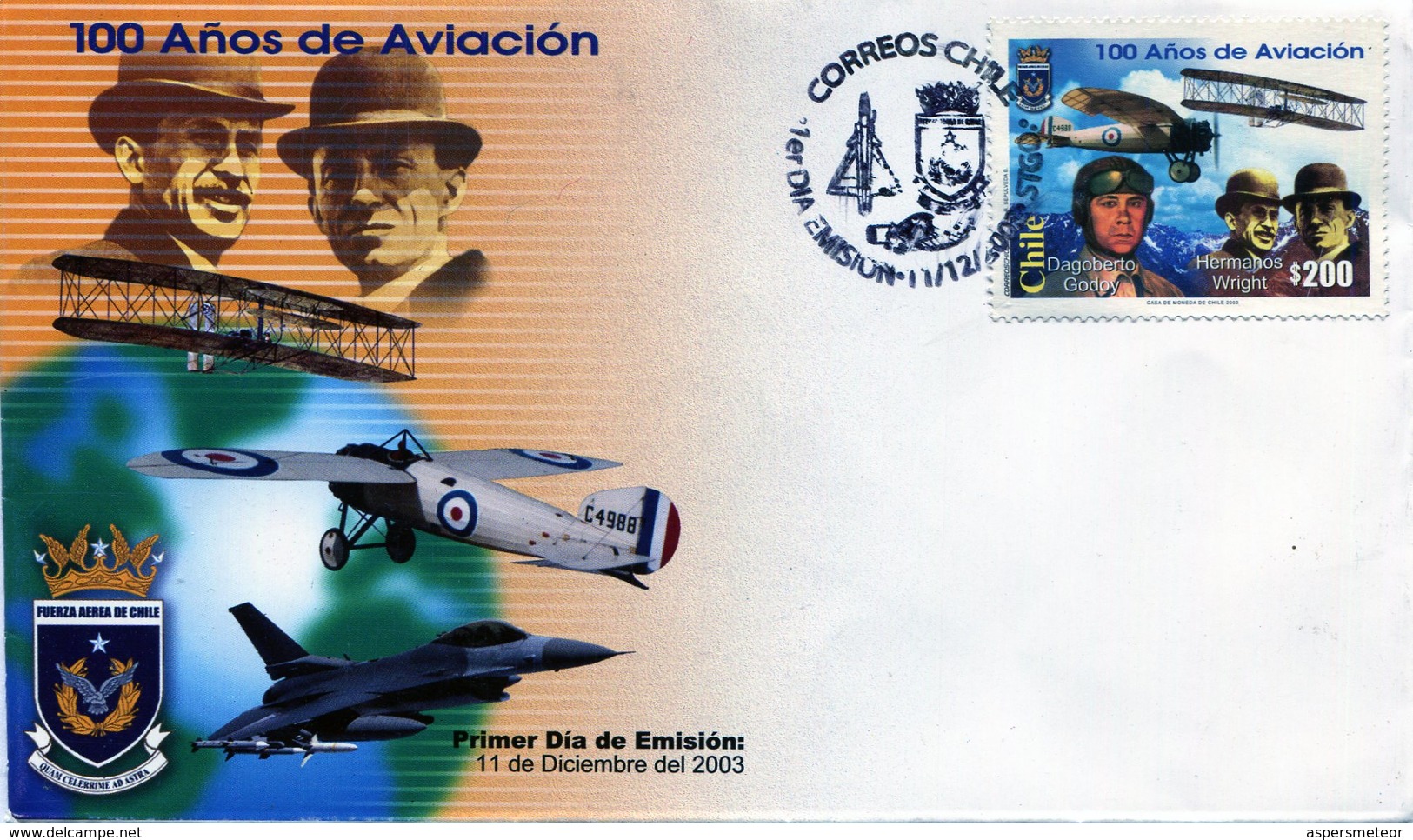 CHILE. SOBRE FDC. 2003. 100 AÑOS DE AVIACION. AVION. 100 YEARS OF AVIATION. PLANE. 100 ANNI DI AVIAZIONE. AEREO. - NTVG - Chile