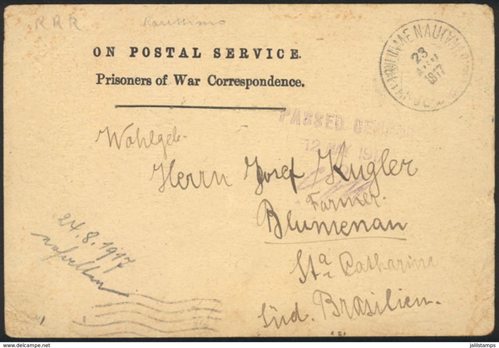 GERMANY: Card Sent By A German POW In India (Ahmednagar Camp) To Blumenau (Brazil) On 9/FE/1917, With Violet Censor Mark - Autres & Non Classés