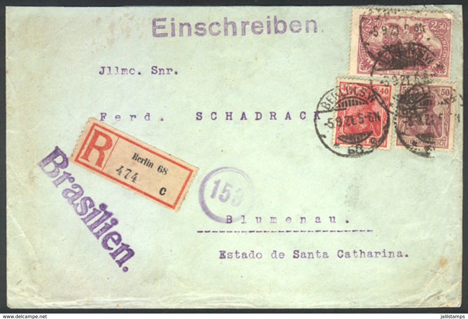 GERMANY: Registered Cover Sent From Berlin To Brazil On 5/SE/1921 Franked With 3.40Mk., Very Nice! - Otros & Sin Clasificación