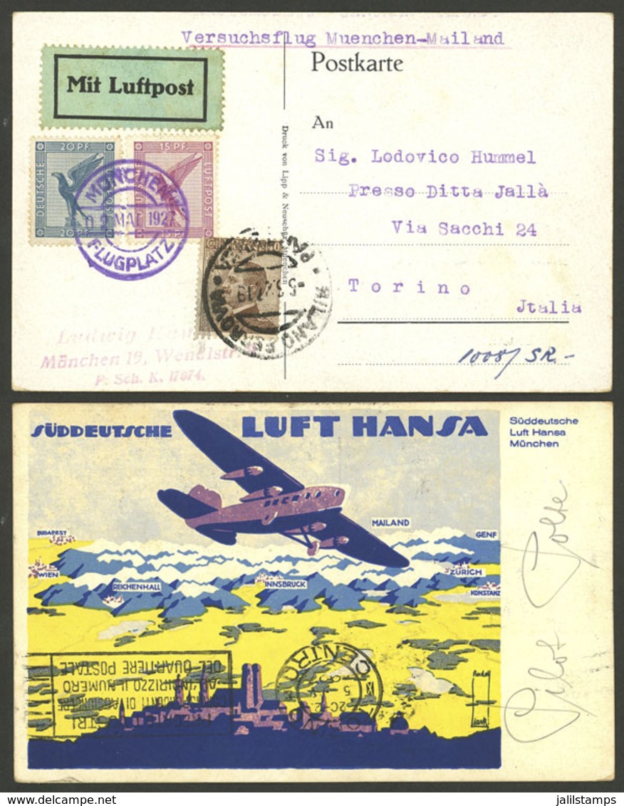 GERMANY: Special Postcard Of Lufthansa Flown Munchen - Milano (Italy) And From There Sent To Torino With Additional Post - Autres & Non Classés