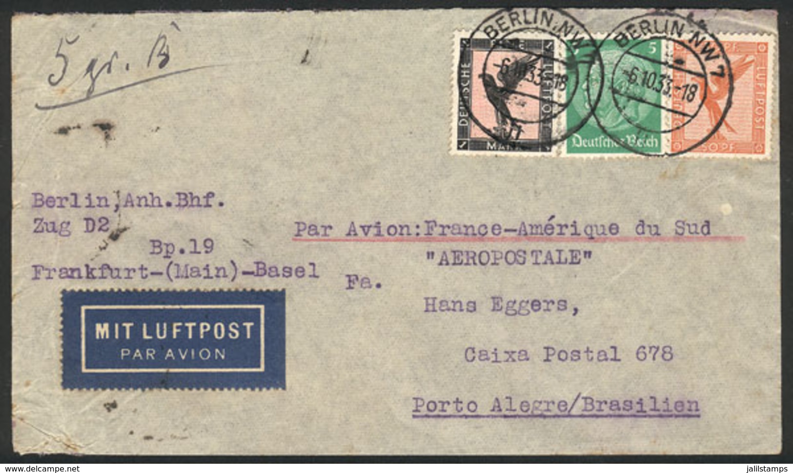 GERMANY: Airmail Cover Sent From Berlin To Brazil On 6/OC/1933 By Air France (transit Backstamp Of Marseille), Fine Qual - Otros & Sin Clasificación