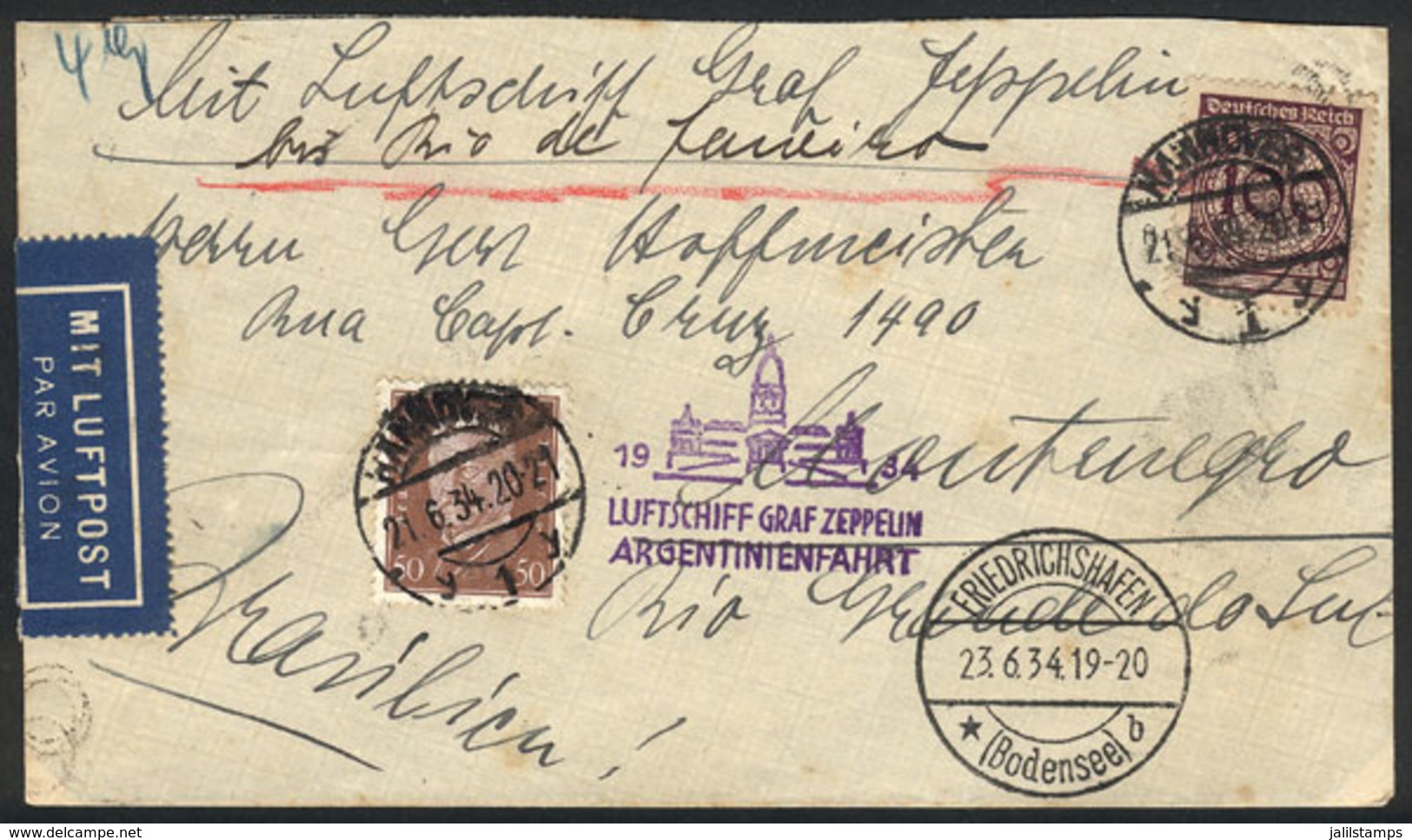 GERMANY: Cover Flown By ZEPPELIN, Posted From Hannover To Brazil On 21/JUN/1934, Special Violet Handstamp Of The Flight, - Sonstige & Ohne Zuordnung