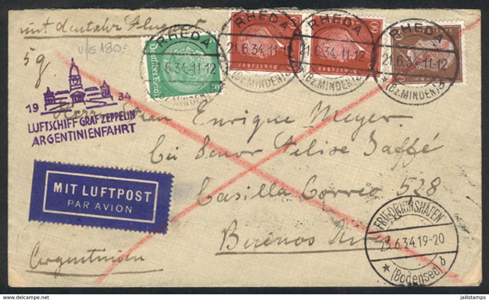 GERMANY: Cover Flown By Zeppelin Sent From Rheda To Buenos Aires On 21/JUN/1934, With Special Violet Mark Of "Argentinie - Andere & Zonder Classificatie