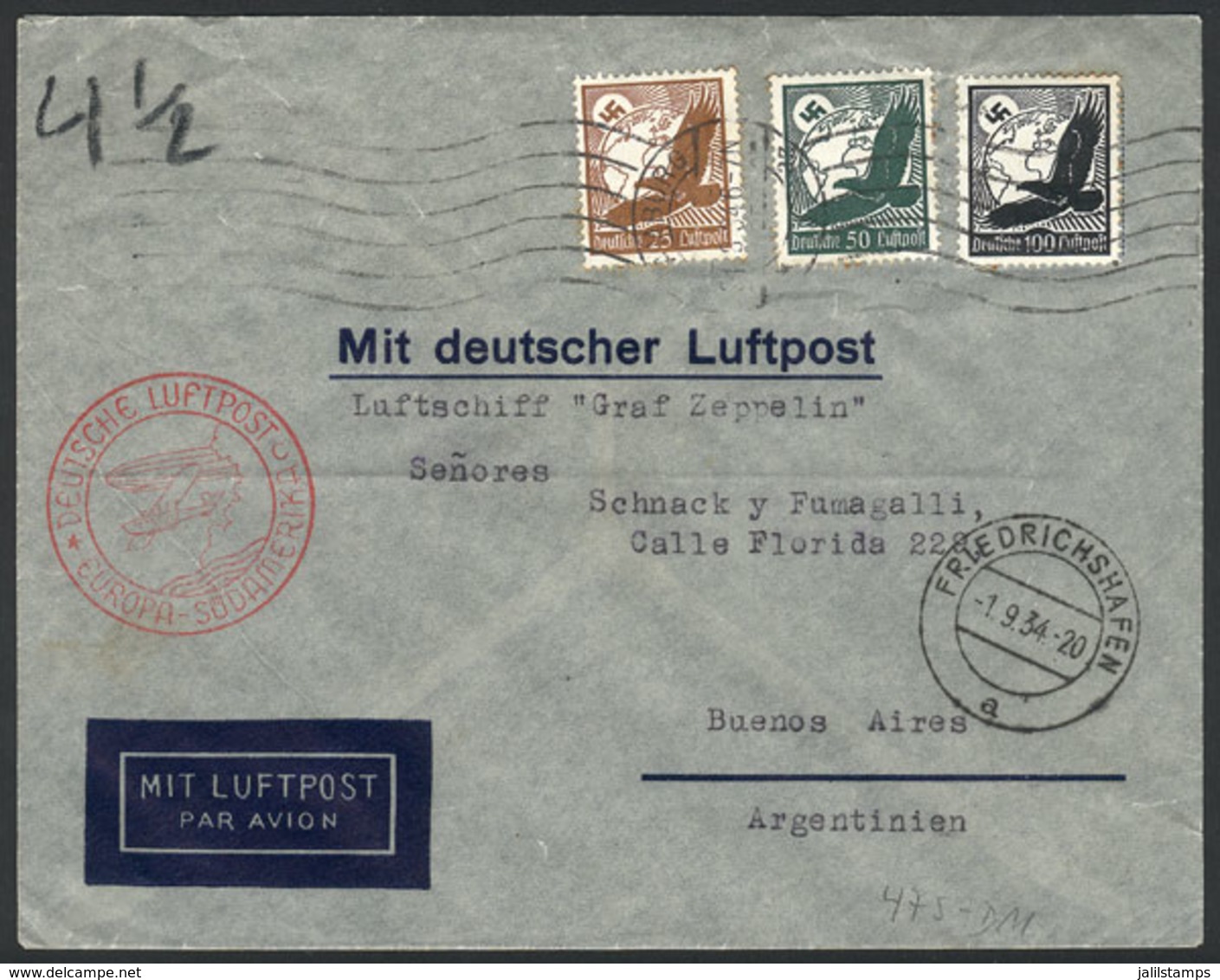 GERMANY: Cover Flown By ZEPPELIN, Sent From Hamburg To Buenos Aires On 31/AU/1934, With Friedrichshafen Transit Mark Of  - Otros & Sin Clasificación