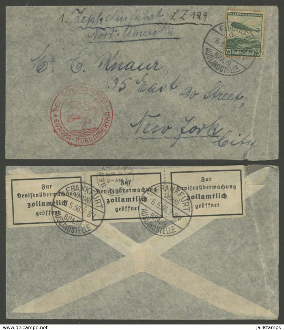 GERMANY: 6/MAY/1936 Frankfurt - New York, ZEPPELIN Flight, Airmail Cover Franked With 75Pg., Red Handstamp Of German Pos - Altri & Non Classificati