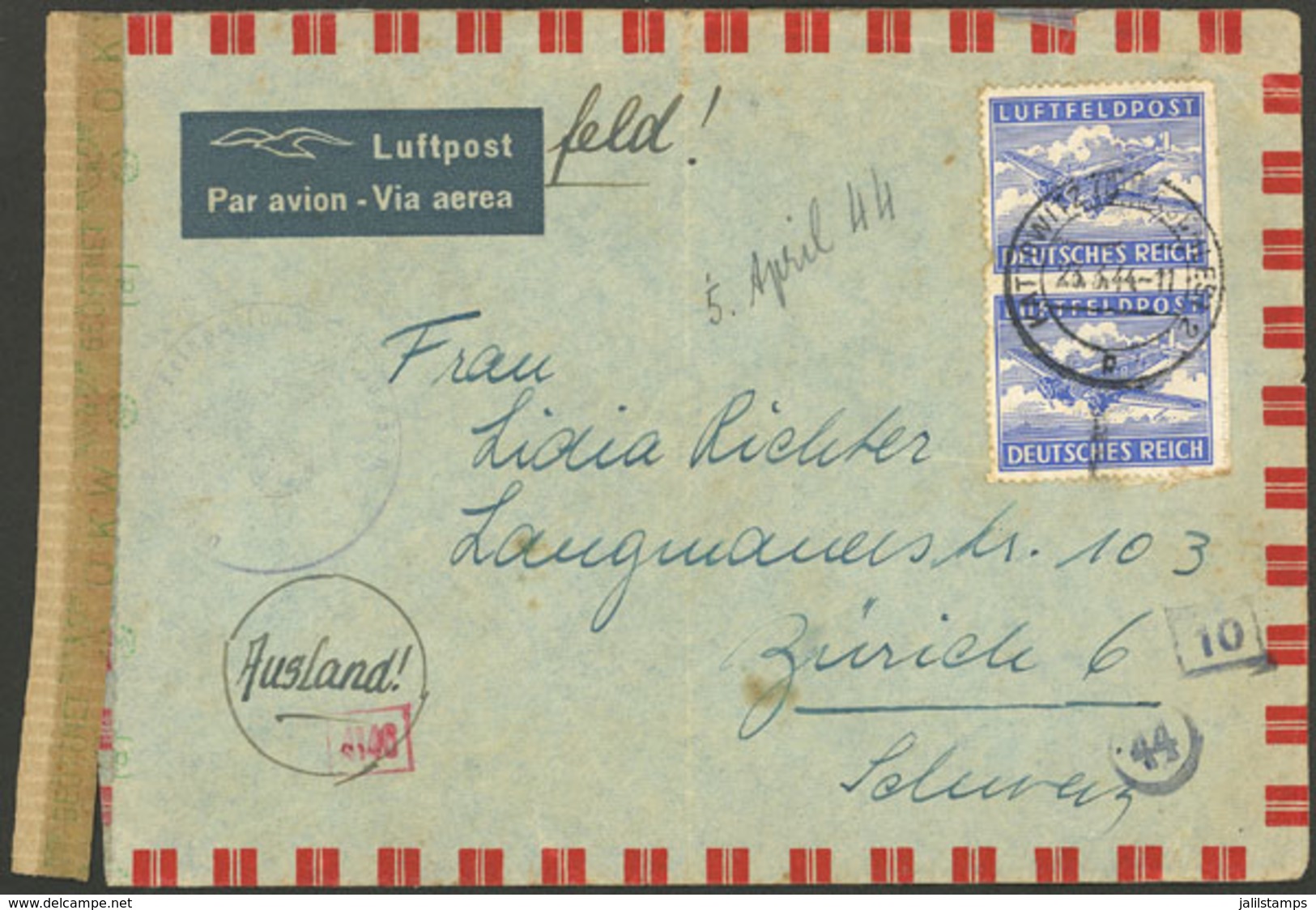 GERMANY: 23/MAR/1944 Kattowitze - Switzerland, Feldpost Airmail Cover With Nazi OKW Censor, Interesting! - Other & Unclassified