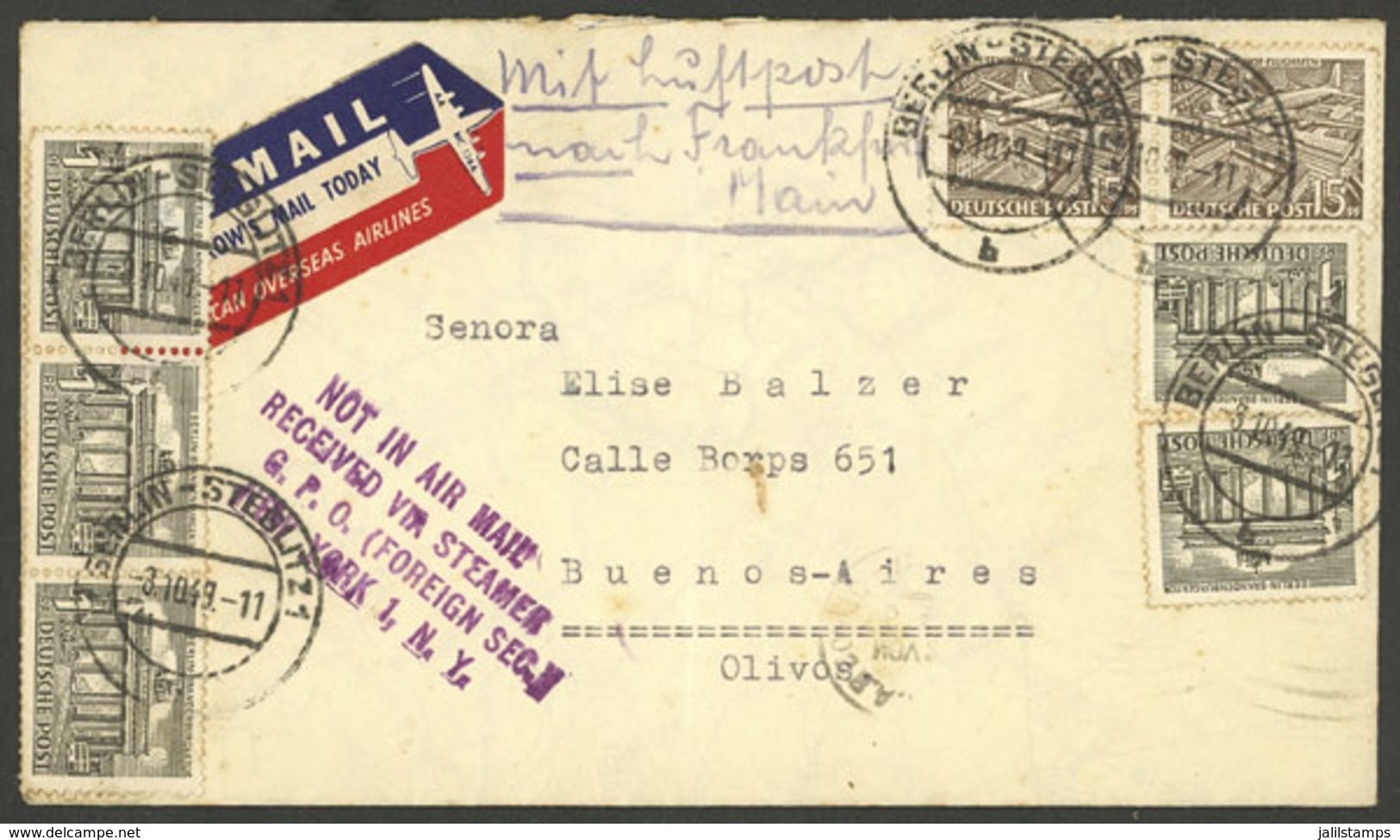 GERMANY: 8/OC/1949 Berlin - Argentina, Airmail Cover Franked With 35Pf., With Mark Applied In New York: NOT IN AIR MAIL  - Sonstige & Ohne Zuordnung