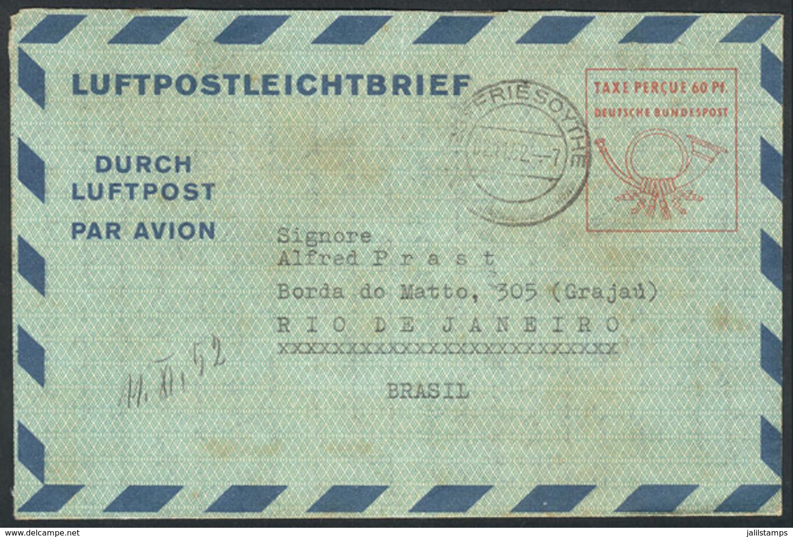 WEST GERMANY: 60Pf. Aerogram Sent From Friesoythe To Brazil On 2/NO/1952, Interesting! - Sonstige & Ohne Zuordnung