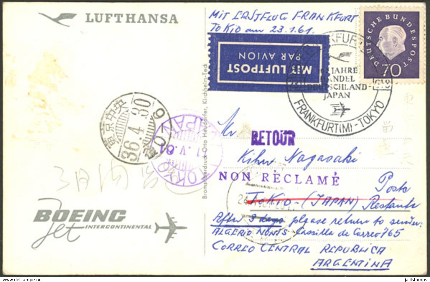 WEST GERMANY: 23/JA/1961 First Flight Frankfurt - Tokyo, Postcard Sent To Argentina, Very Nice! - Otros & Sin Clasificación