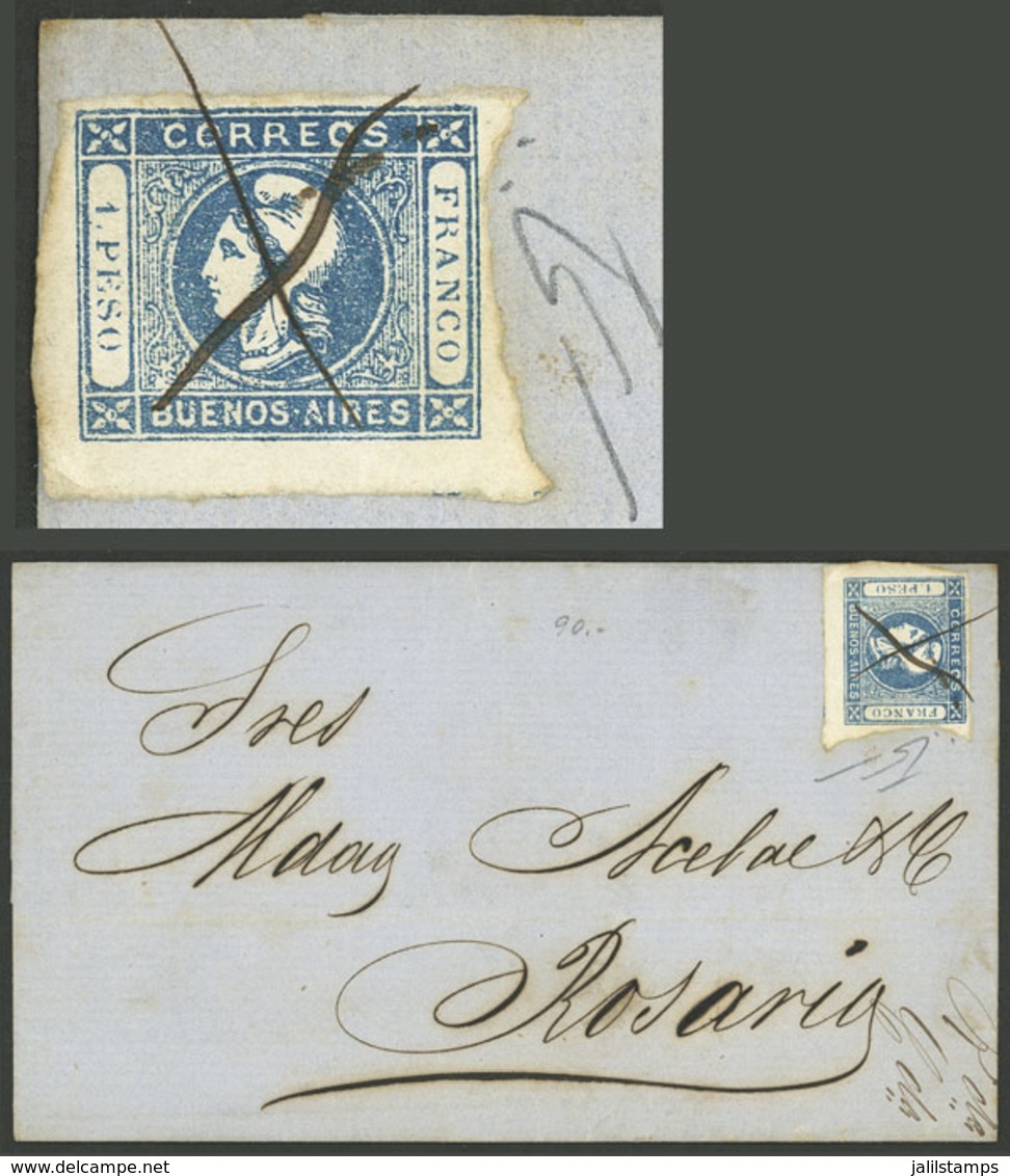 ARGENTINA: GJ.17, 1P. Blue Franking A Folded Cover Dated 5/JUN/1860 And Sent From Buenos Aires To Rosario, With Nice Pen - Buenos Aires (1858-1864)
