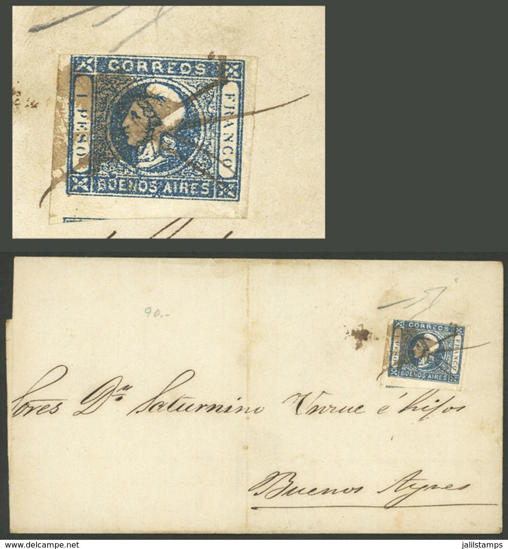 ARGENTINA: GJ.17c, 1P. Blue With Variety: 1 Without Period" And Also "BOENOS AIRES", Franking A Folded Cover Sent To Bue - Buenos Aires (1858-1864)