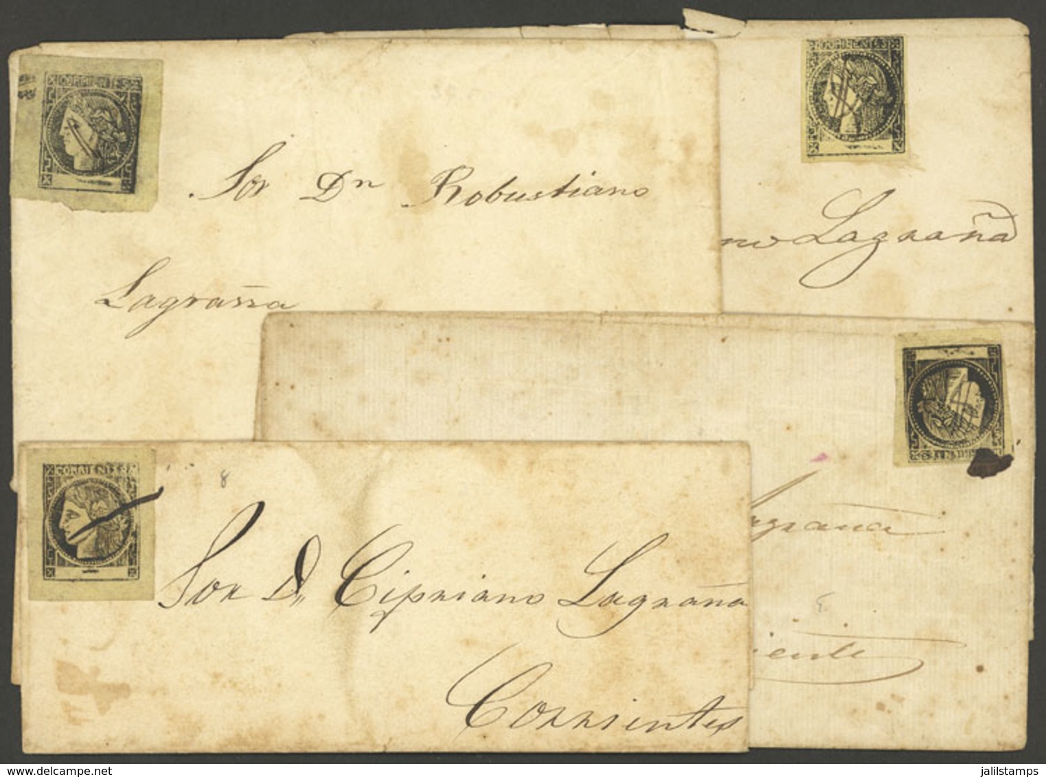 ARGENTINA: GJ.3, Yellow, Ocher Or Lemon Yellow, 4 Examples Franking Folded Covers Sent To Corrientes (Lagrana Archive) W - Corrientes (1856-1880)