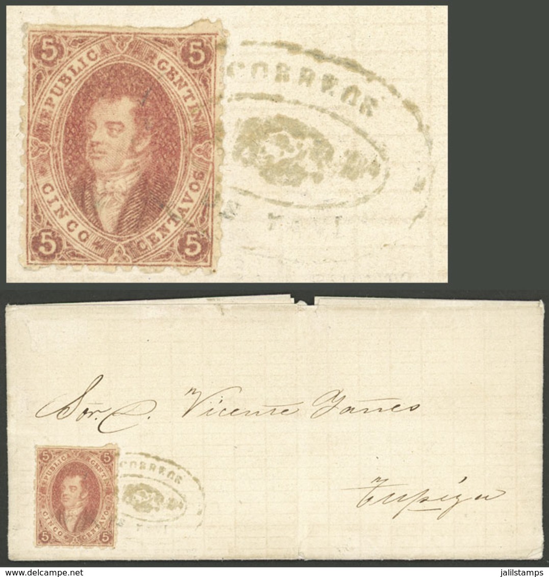 ARGENTINA: VERY LATE USE And Rare Cancel: GJ.19, 1st Printing, Franking An Entire Letter Datelined "Cerrito 30/AP/1870"  - Cartas & Documentos