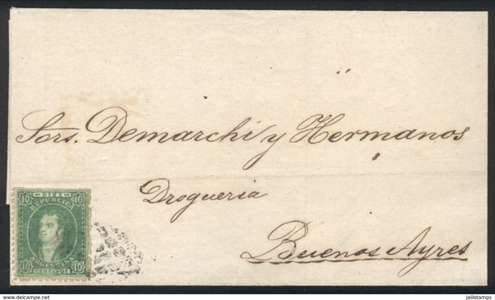 ARGENTINA: GJ.23, 10c. Green, Dull Impression, Superb Example Franking A Folded Cover Dated 6/FE/1868 To Buenos Aires, W - Briefe U. Dokumente