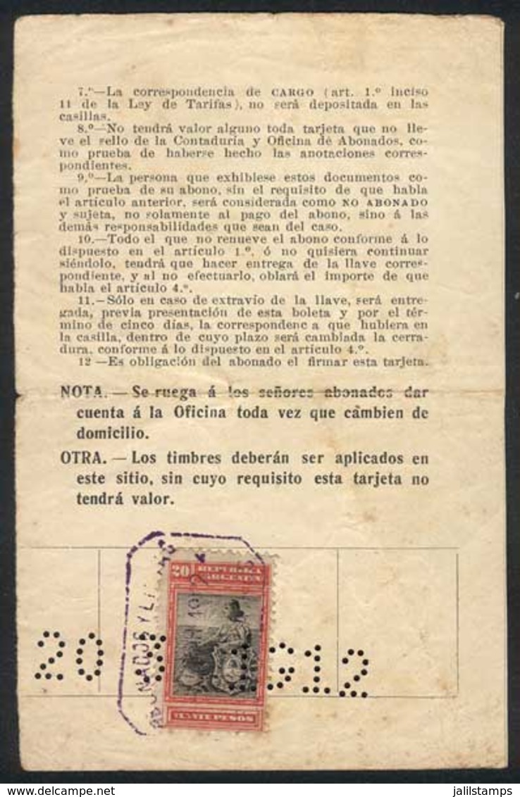 ARGENTINA: Second Page Of A PO Box Payment Card, Year 1912, Franked With 20P. Liberty Seated (GJ.238), VF And Rare! - Sonstige & Ohne Zuordnung