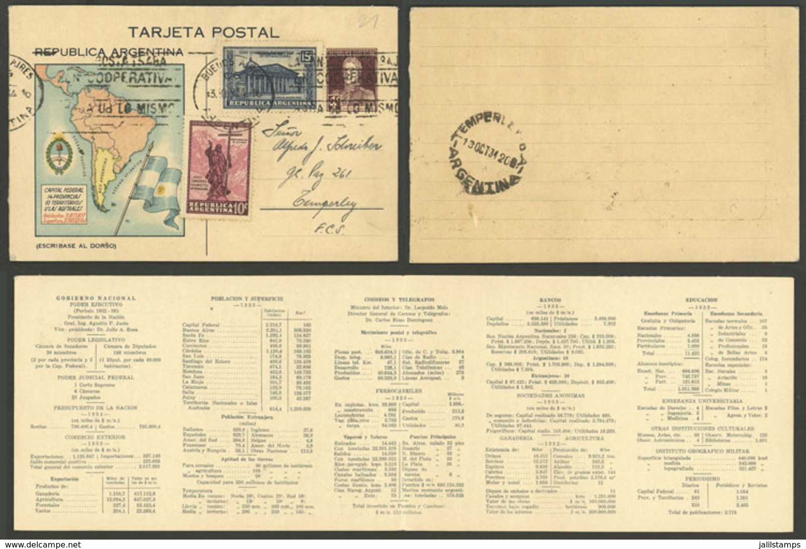 ARGENTINA: GJ.TAR-65, 1934 Double Postal Card Of 4c. San Martín With Map Of South America And Inside Statistics (census, - Otros & Sin Clasificación