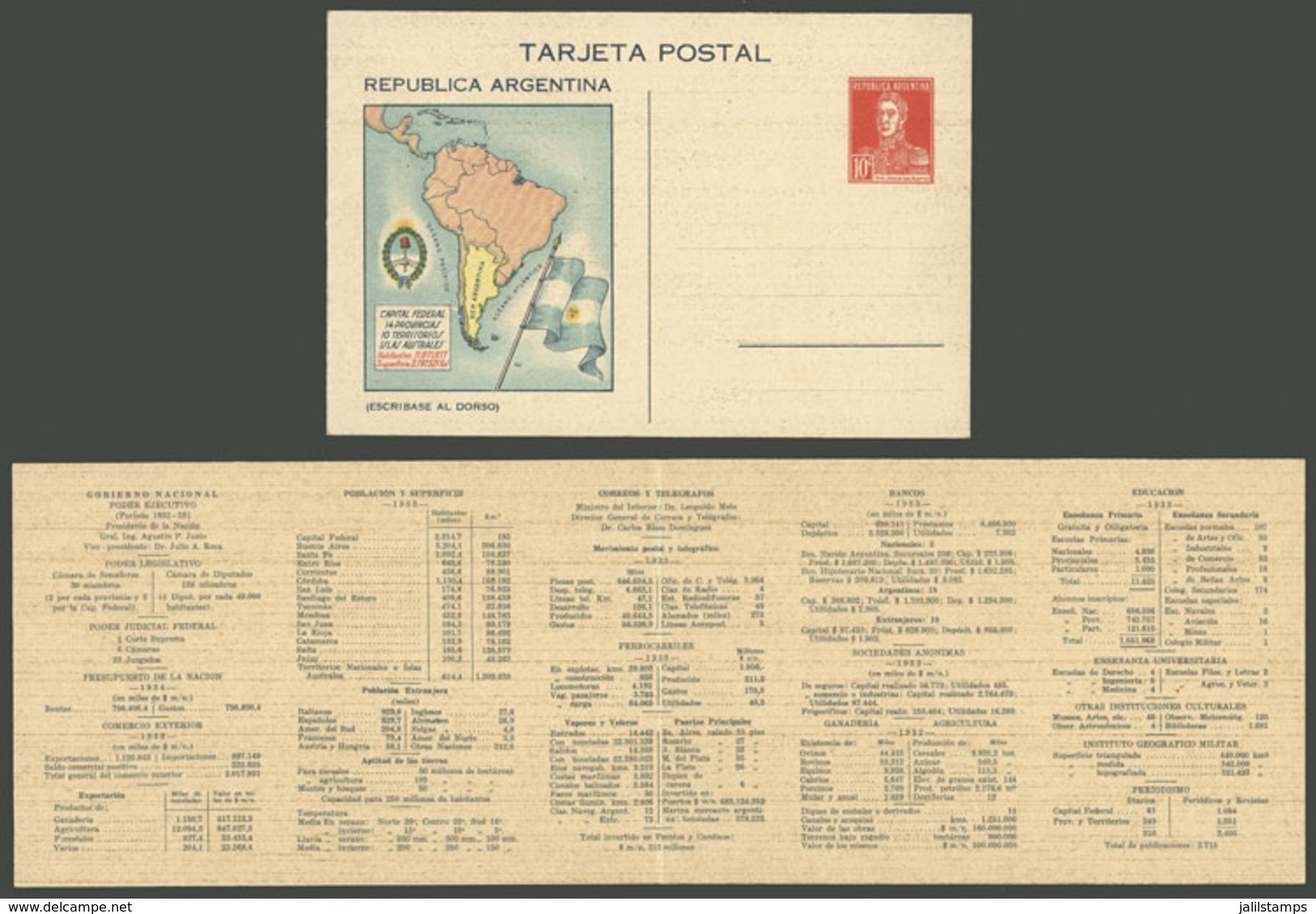 ARGENTINA: GJ.TAR-66, 1934 Double Postal Card Of 10c. San Martín With Map Of South America And Inside Statistics (census - Otros & Sin Clasificación