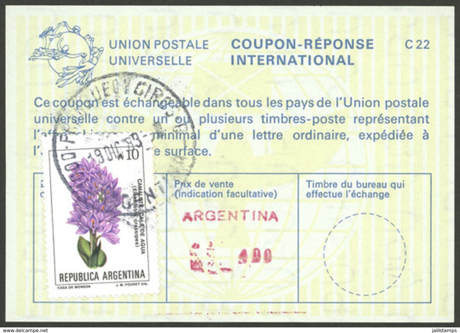 ARGENTINA: IRC Of The Year 1989 With Value Of 400P. + A10 Franking (camalote Flower), Rare Combination Of DIFFERENT CURR - Sonstige & Ohne Zuordnung