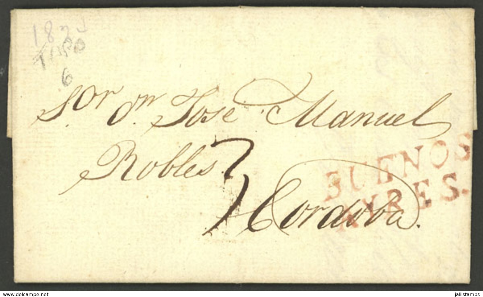 ARGENTINA: Entire Letter Dated 26/JUN/1824 And Sent To Córdoba, With The 2-line BUENOS AYRES Mark (GJ.BUE 6) In Rust-red - Vorphilatelie