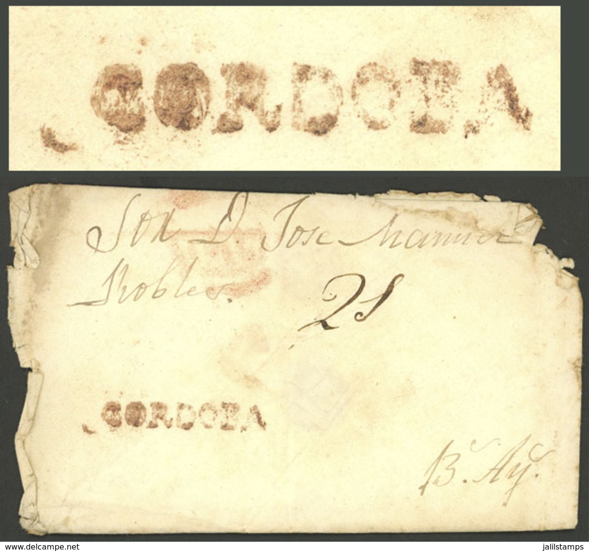 ARGENTINA: Circa 1820, Folded Cover To Buenos Aires With "2 Reales" Rating In Pen And Good Strike Of Straightline CORDOB - Vorphilatelie