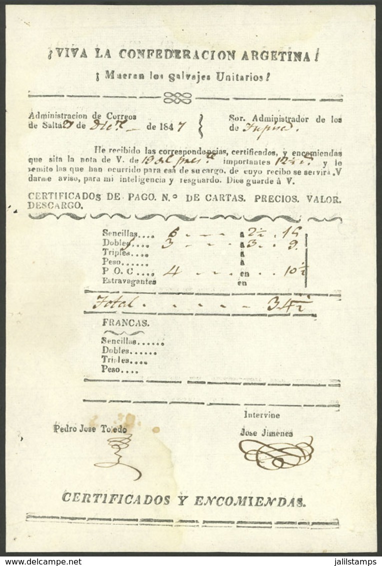 ARGENTINA: Guide Of Correspondence (Guía De Correspondencia) Sent From Salta To Tupiza On 27/DE/1847 With Inscription "V - Otros & Sin Clasificación