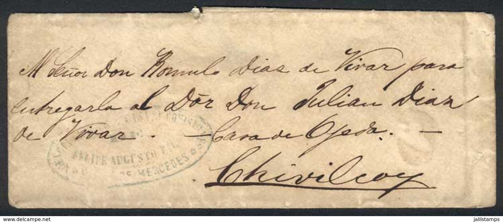 ARGENTINA: Cover Sent To Chivilcoy (circa 1861), With Green-blue Marking Of Stagecoach Mail "AGENCIA GENERAL Y CASA DE C - Otros & Sin Clasificación
